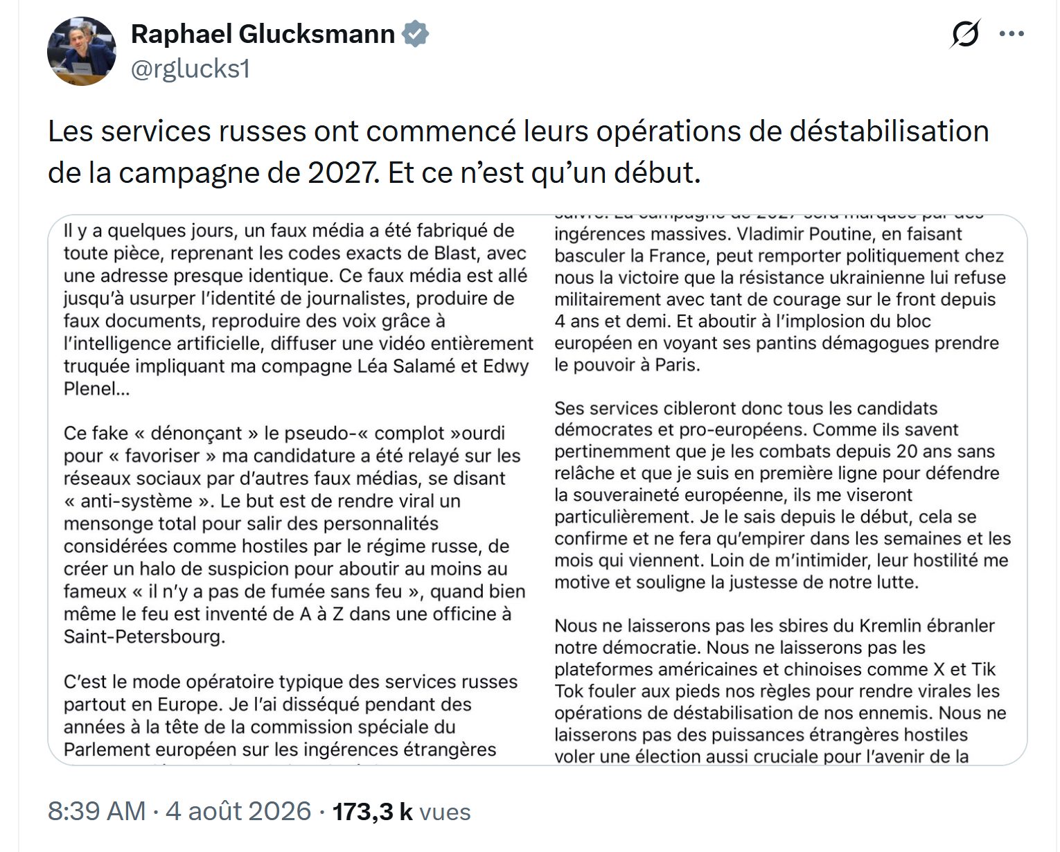 Post X de Raphaël Glucksmann du 4 août 2026